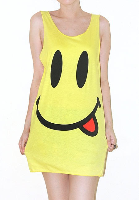 Smiley Face Yellow Singlet Tank Top Tunic Vest Women Sleeveless Shirt Pop Indie Punk Rock T-shirt Size S