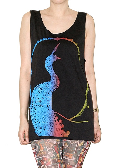 Peacock Graphic Colorful Charcoal Black Art Singlet Tank Top Sleeveless Shirt Women Indie Punk Rock T-shirt Size M