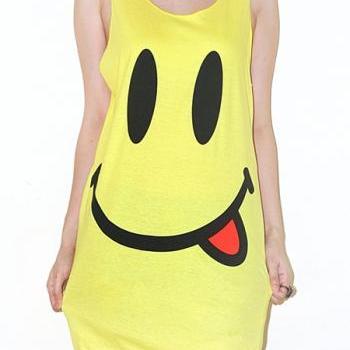 Smiley Face Yellow Singlet Tank Top Tunic Vest Women Sleeveless Shirt Pop Indie Punk Rock T-Shirt Size S